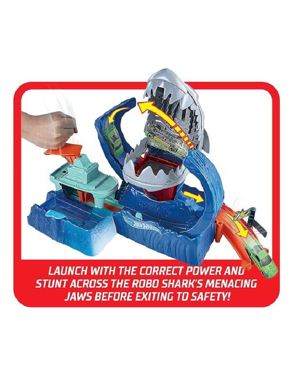 ⁦Hot Wheels Toy Car Track Set, Robo Shark Frenzy Playset & Color Shifters Car مسار سيارة القرش مع تغير لون السيارة⁩ - الصورة ⁦5⁩