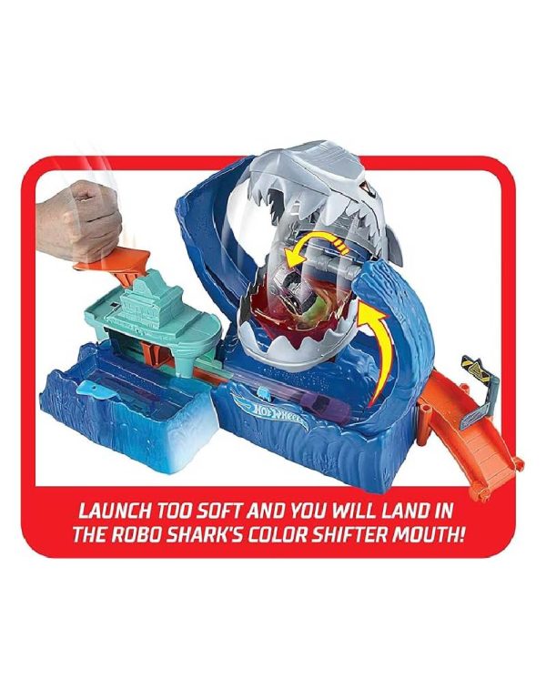 ⁦Hot Wheels Toy Car Track Set, Robo Shark Frenzy Playset & Color Shifters Car مسار سيارة القرش مع تغير لون السيارة⁩ - الصورة ⁦4⁩