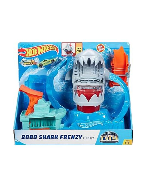 ⁦Hot Wheels Toy Car Track Set, Robo Shark Frenzy Playset & Color Shifters Car مسار سيارة القرش مع تغير لون السيارة⁩ - الصورة ⁦2⁩
